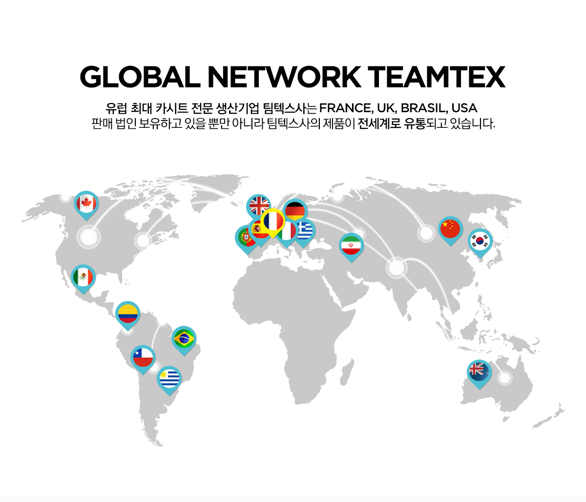 Global network teamtex 유럽 최대 카시트 전문 생산기업 팀텍스사는 France, UK, brasil, USA 판매 법인 보유하고 있을 뿐만 아니라 팀텍스사의 제품이 전세계로 유통되고 있습니다.